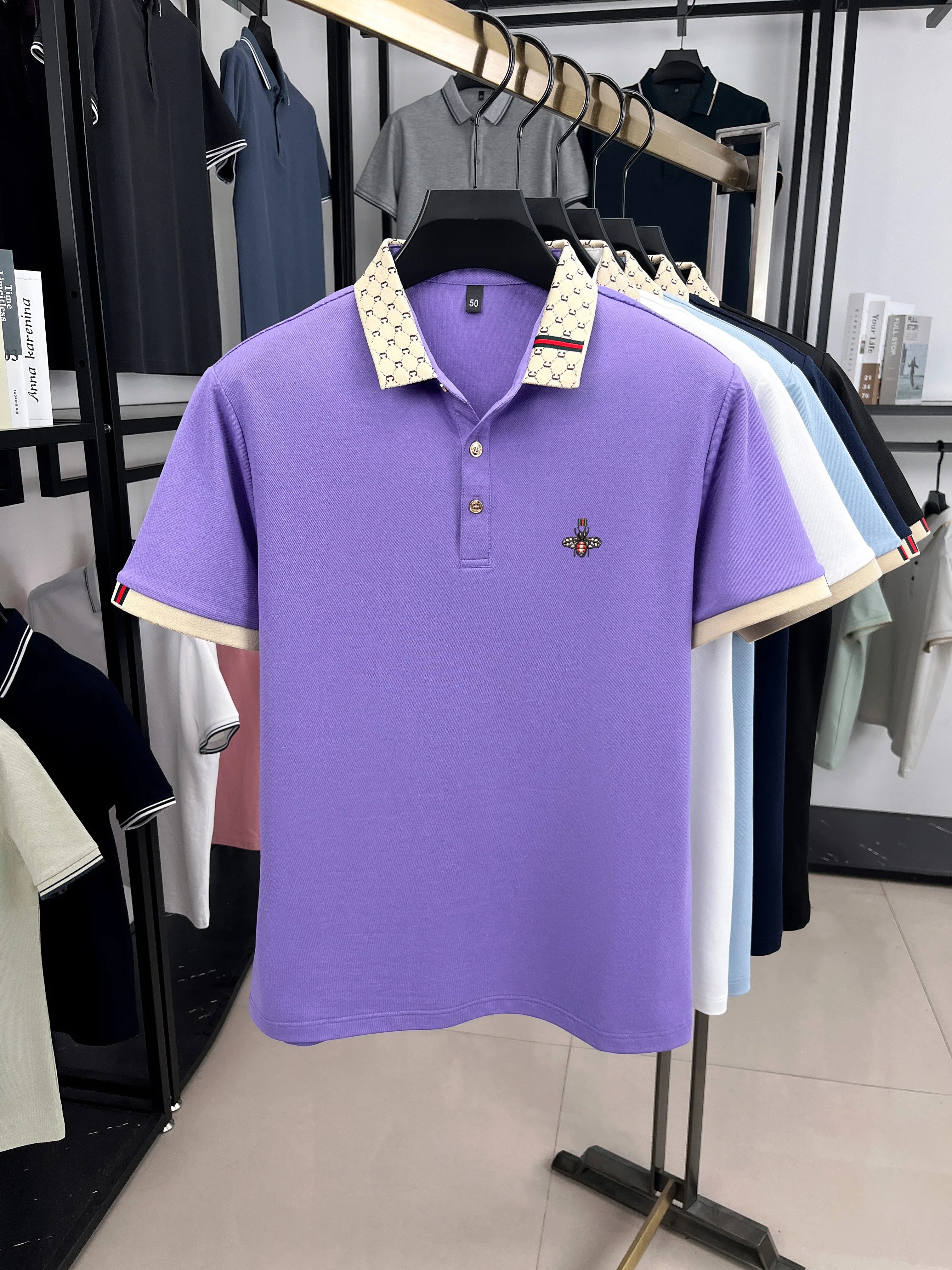 Personality letter jacquard lapel short sleeve T-shirt men