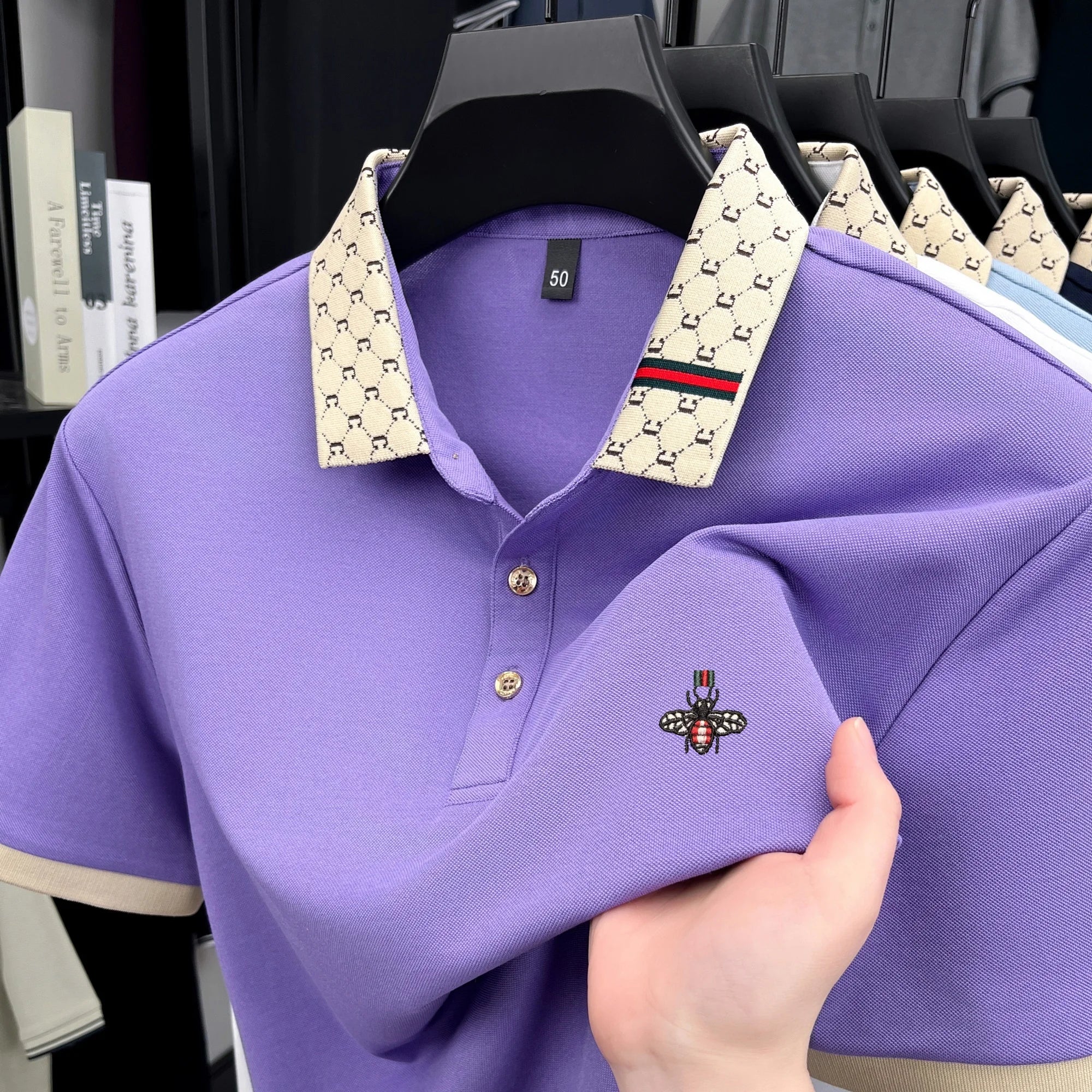 Personality letter jacquard lapel short sleeve T-shirt men
