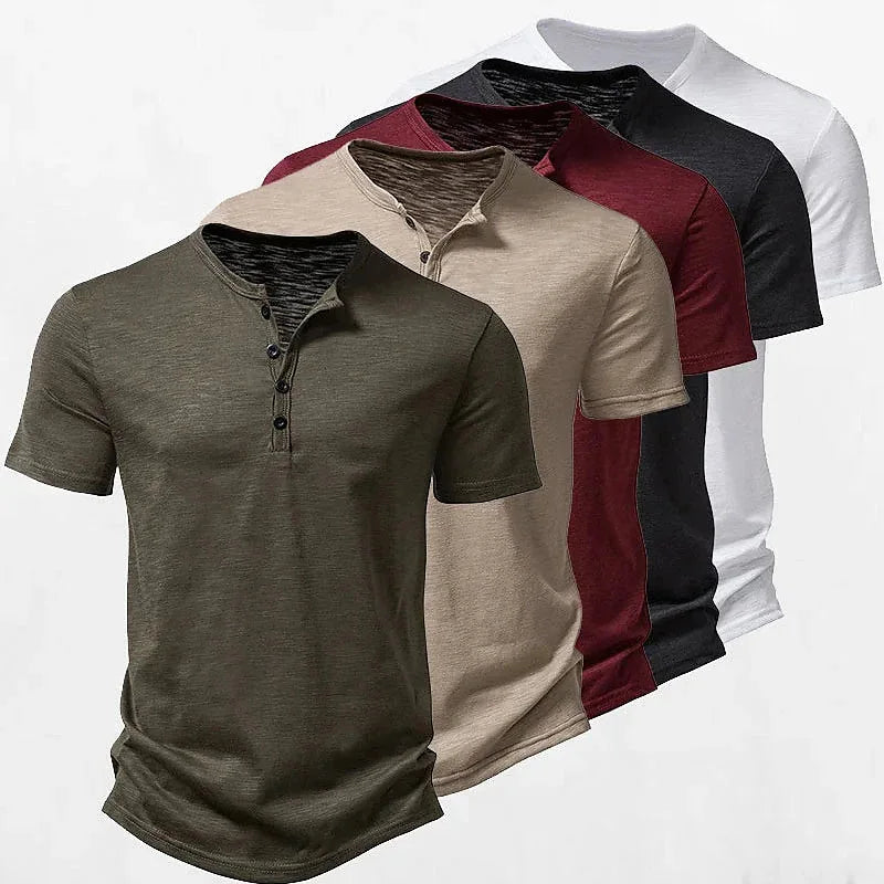 Summer Men's Henry Collar Casual Solid-Color Short-Sleeved T-Shirt