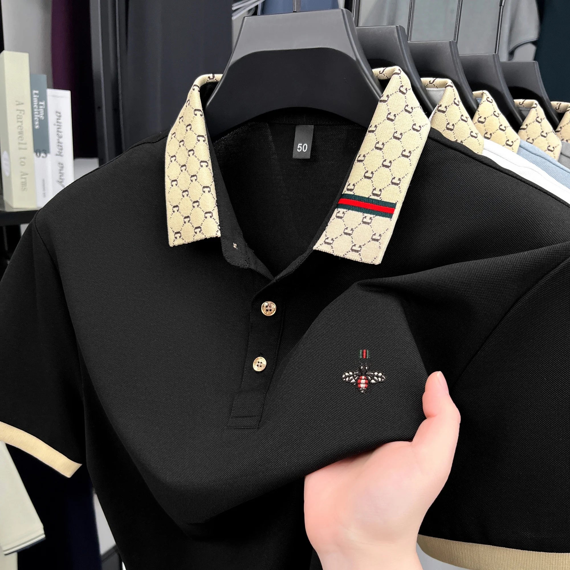 Personality letter jacquard lapel short sleeve T-shirt men