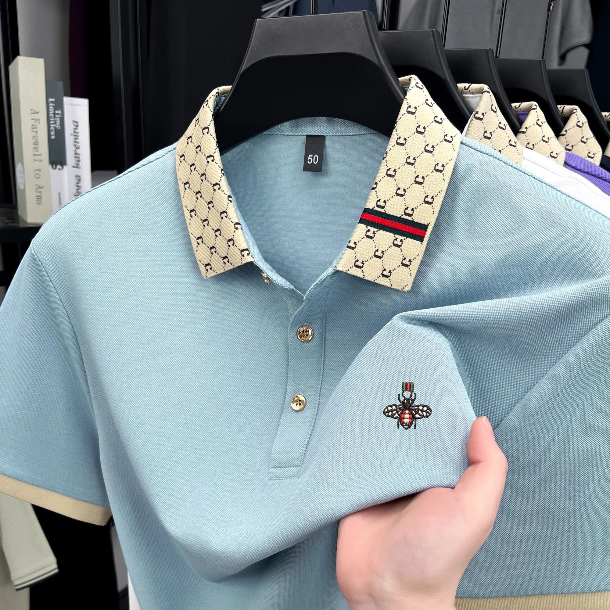 Personality letter jacquard lapel short sleeve T-shirt men