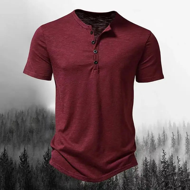 Summer Men's Henry Collar Casual Solid-Color Short-Sleeved T-Shirt