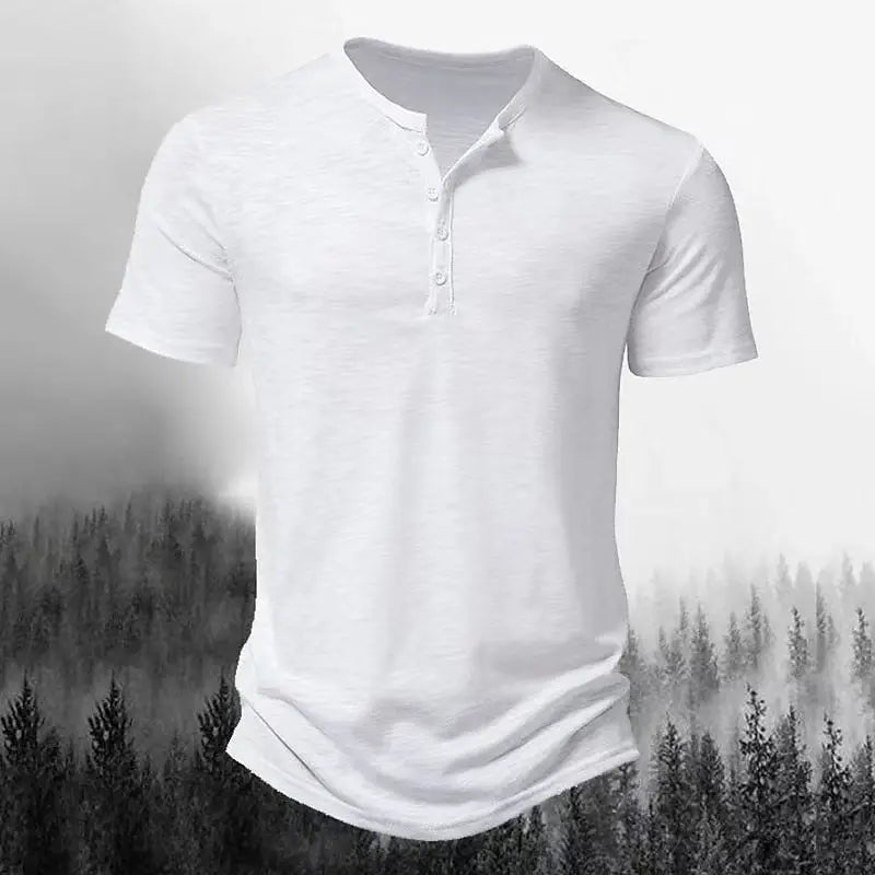 Summer Men's Henry Collar Casual Solid-Color Short-Sleeved T-Shirt