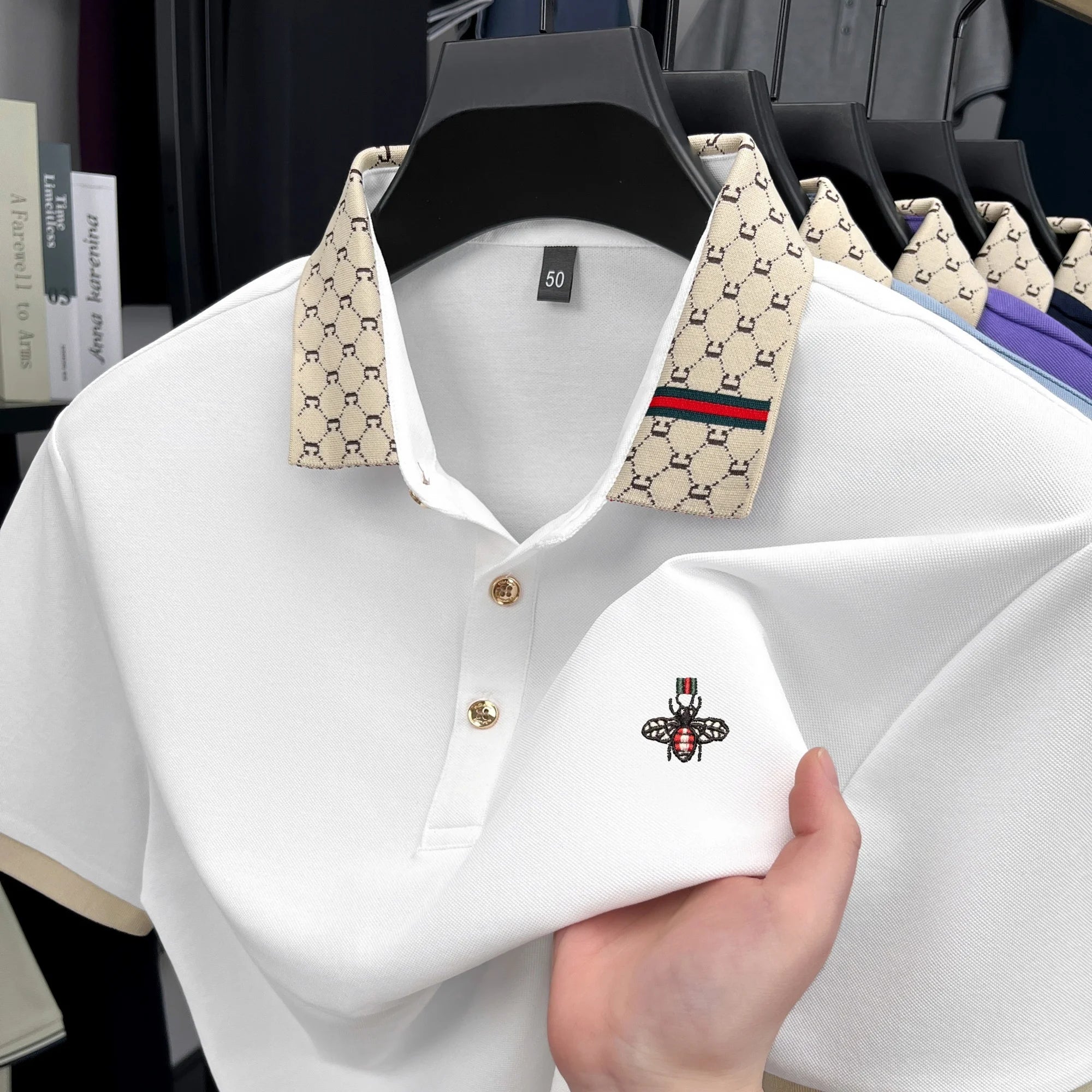 Personality letter jacquard lapel short sleeve T-shirt men