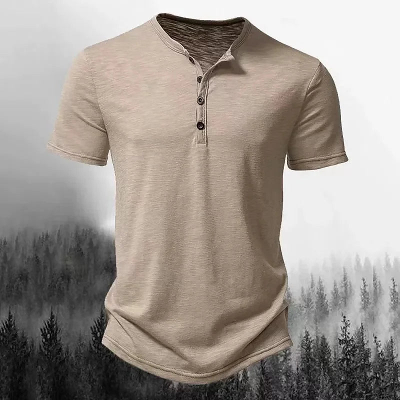 Summer Men's Henry Collar Casual Solid-Color Short-Sleeved T-Shirt