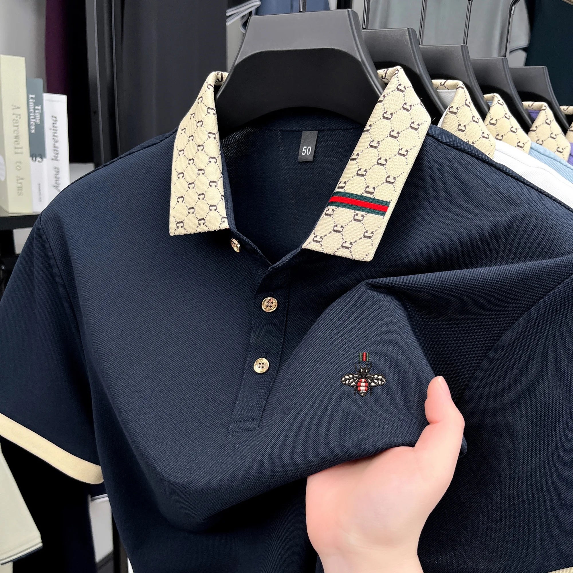 Personality letter jacquard lapel short sleeve T-shirt men