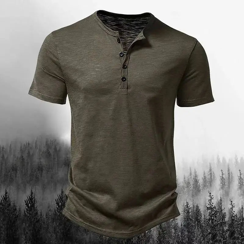 Summer Men's Henry Collar Casual Solid-Color Short-Sleeved T-Shirt